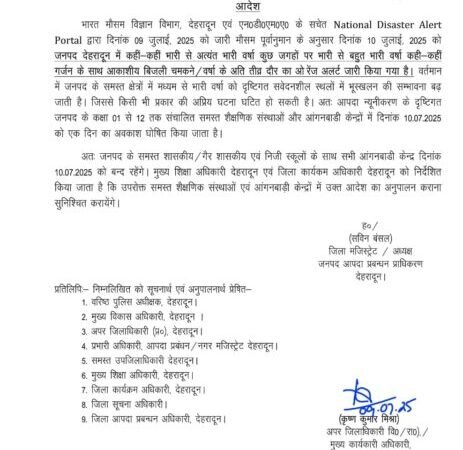 देहरादून में भारी बारिश को लेकर अलर्ट, 10 जुलाई को सभी स्कूल-कॉलेज रहेंगे बंद