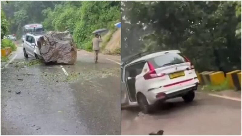 Uttarakhand : स्वास्थ्य विभाग के कर्मचारियों की कार पर गिरी बोल्डर, भगवान ने बचा लिया…वरना